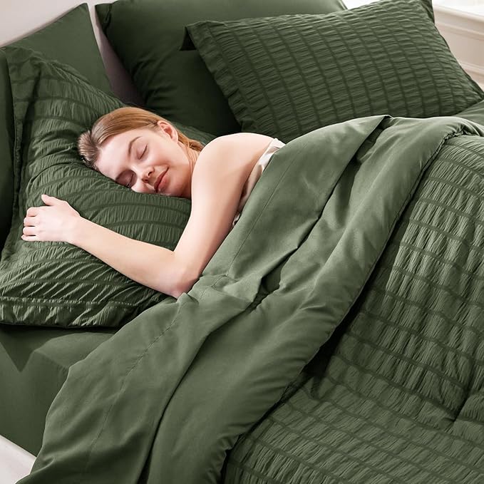 CozyLux Queen Comforter Set Olive Green Seersucker 7 Pieces Bed in a Bag Queen Comforter Set with Sheets, Luxury Bedding Sets with Down Alternative Comforter, Sheets, Pillowcases & Shams All Season