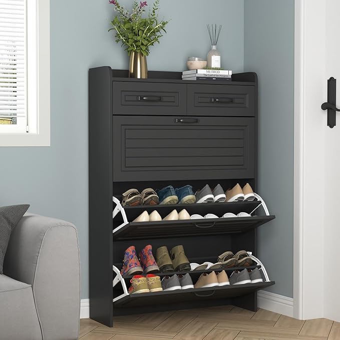 Shoe Storage Cabinet for Entryway with 3 Flip Drawers and 2 Top Drawers,Large Shoe Rack Organizer Cabinet for Closet,Hallway