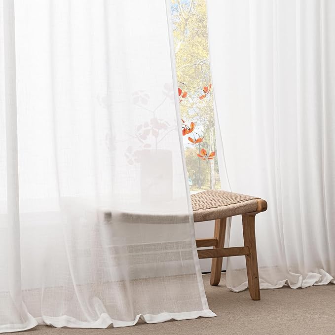 Extra Long White Linen Curtain 120 Inch long Back Tab Light Filtering Semi Sheer Modern Farmhouse Cotton Textured Elegant Ceiling to Floor Window Panels for Living Dining Room Bedroom Decor 2 Panels