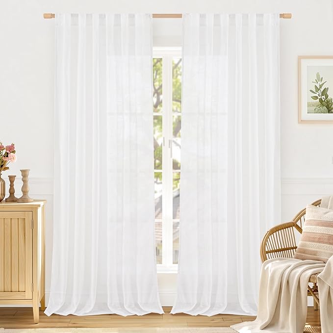 LAMIT Semi Sheer Linen Curtains 102 Inches Long, White Light Filtering Neutral Window Drapes Back Tab and Rod Pocket Boho Panels for Living Room/Bedroom/Farmhouse, 2 Panels, 52 x 102 Inch