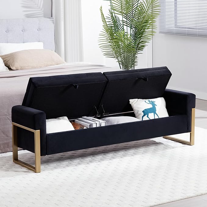 67" End of Bed Storage Bench for Bedroom King Size, Double Lids Storage Ottoman Bench with Golden Legs, Velvet Bed Bench for Living Room Window Entryway, Black