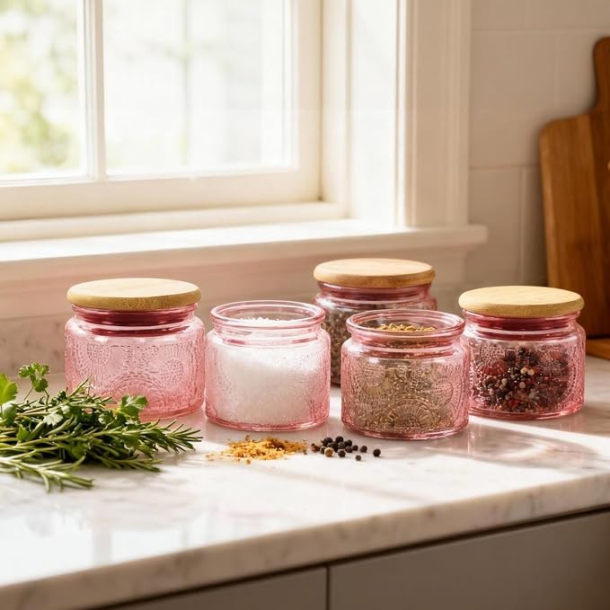 4 oz Decorative Small Glass Jars with Lids, 6 Pack, 6 Colors | Bamboo Lids, Vintage Embossed Colorful Mini Containers, For Kitchen Pantry Organization, Spices, DYI Gifts, Candle Making
