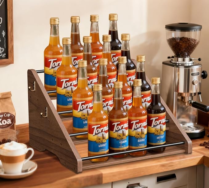 Coffee Syrup Organizer, 4-Tier Solid Wood Syrup Rack, Wine Rack, Storage Organizer for 16 Syrup Bottles/Spice Jars/Liquor Bottles, Sturdy Storage Stand for Coffee Bar