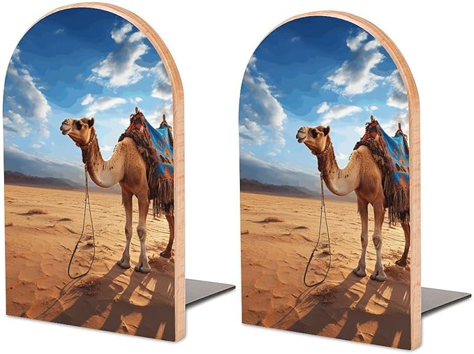 Camel Sky Book Ends Wooden Bookends Non-Skid Metal Base Heavy Duty Book Shelves Decor, Decorative Bookends for Books/CDs Bookshelf Table Home Decor