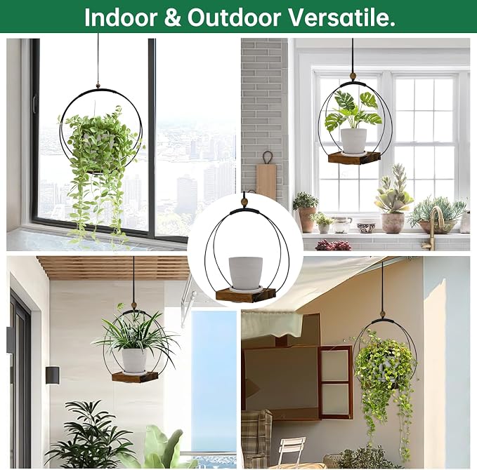 hismocal Hanging Planter for Indoor Plants,Plant Hanger with Sturdy Wood Base & Pot, Modern Boho Macrame Plant Hanger,Wall Ceiling Window Stands(2 Pack+Pots)