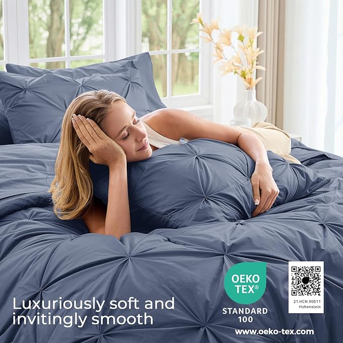 Sasttie King Size Comforter Set, 7-Piece Bed in a Bag, Pintuck Bedding Set for All Season, Includes Comforter, Flat Sheet, Fitted Sheet, Pillowcases and Pillowshams, Indigo Blue