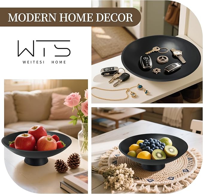 Large Decorative Fruit Bowl for Kitchen Counter, Modern Resin Pedestal Bowl for Home Decor, Stylish Key Bowl for Entryway Table, Decorative Bowl for Coffee Table Decor, Artificial Stone Black