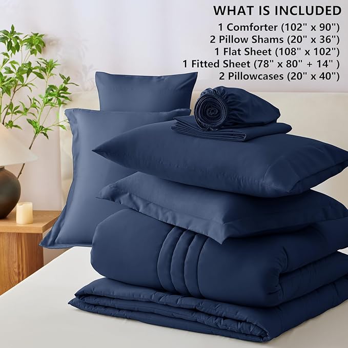 CozyLux King Size Comforter Sets - 7 Piece Bed in a Bag Navy Blue Comforter Set with Sheets Bed Set All Seasons, Soft Bedding Set with Down Alternative Comforter, Sheets, Pillowcases & Shams