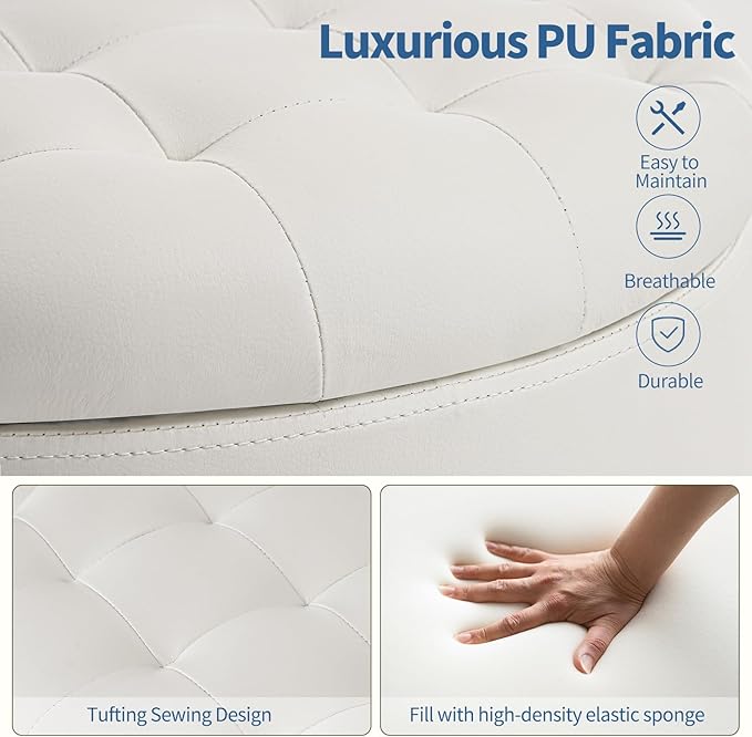 Furniliving Upholstered Button Tufted Round Ottoman, PU Storage Ottoman Round, Removable Lid Convenient Footstools, Classic Ottoman with Storage for Vanity, Nursery Room，IvoryWhite