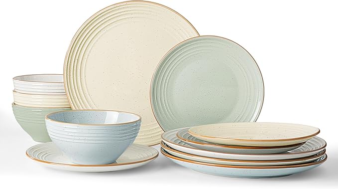 Famiware Jupiter 12-Piece Stoneware Dinnerware Set for 4, Handcrafted Plates and Bowls with Speckles & Embossed Swirls, Chip/Scratch Resistant, Microwave/Dishwasher Safe, Modern Dishes, Multi-color