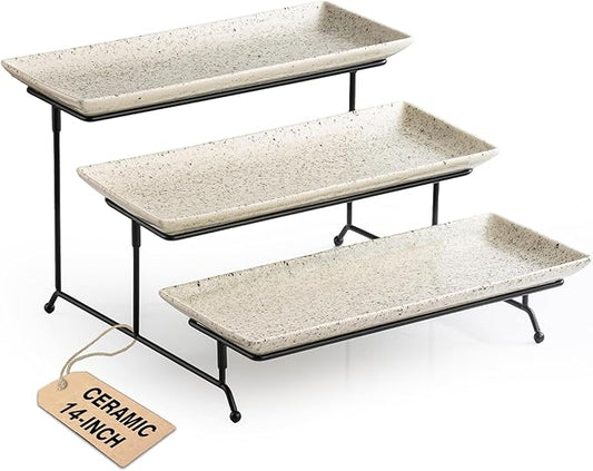 LAUCHUH 3 Tier Serving Trays for Party, 14 inch Porcelain Tiered Tray Stand Serving Platter with Collapsible Sturdier Rack Serving Dishes for Mother's Day Entertaining, Speckled Glaze