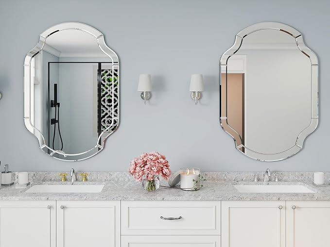 47" x 32" Large Wall Mirrors for Living Room, Modern Elegant Decorative Mirror with Beveled Glass Scalloped Corner, Horizontal or Vertical Hanging for Bathroom, Entryway, Dining Room
