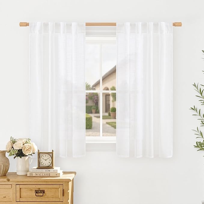 LAMIT White Semi Sheer Linen Curtains for Bedroom 2 Panels Set, 54 Inch Light Filtering Neutral Drapes Back Tab and Rod Pocket Panels for Kitchen/Small Windows/Living Room, 34 x 54 Inch