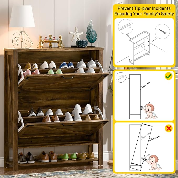Shoe Storage Cabinet with 2 Flip Drawers, 5 Tier Narrow Hidden Shoe Cabinet for Entryway, Slim Wooden Farmhouse Shoe Rack Organizer Cabinets, Rustic Brown