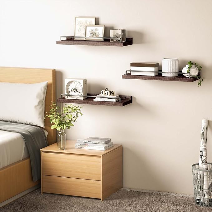 RYOFOBETTO Floating Shelves, Bathroom Decor Shelves Over Toilet, Farmhouse Wall Shelves for Living Room, Bedroom, Picture Frames, Plants, Kitchen, Set of 3 (Walnut Brown)