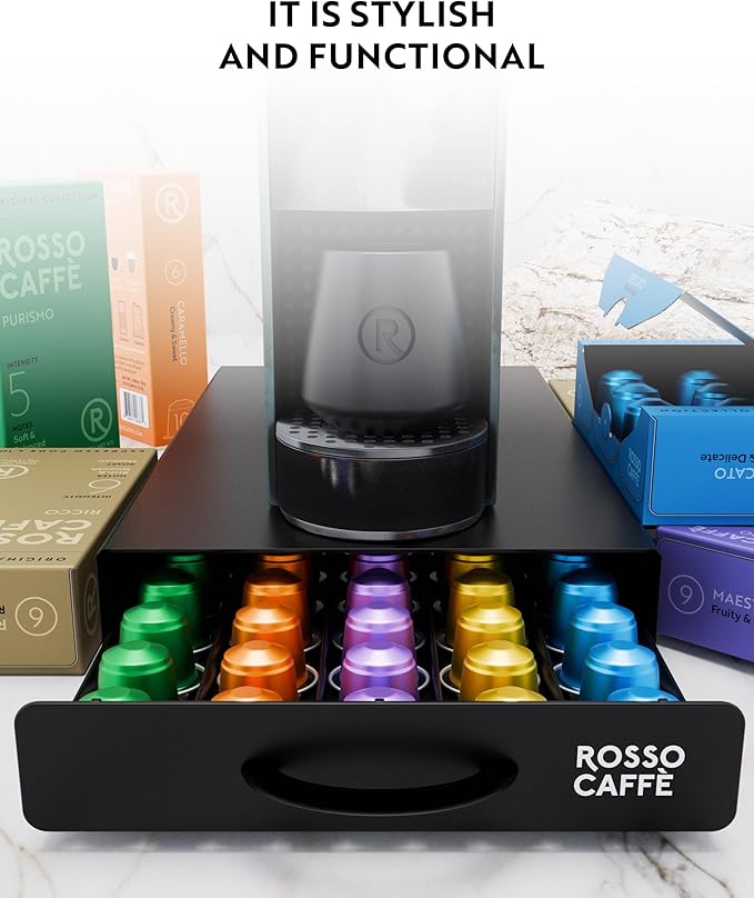 ROSSO CAFFÈ Coffee Capsule Drawer Organizer Compatible with Nespresso Original Machines, Holds 45 Capsules, Space-Saving Countertop Storage, Sleek Design