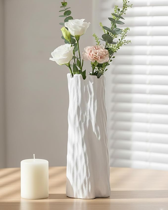 10.7 Inch White Ceramic Vase, Organic Nature Shape, OOSTONEE Boho Nordic Modern Style White Flower Vase, Shelf, Home, Living Room, Coffee Table Centerpiece, Ceramic vases for Home Decor