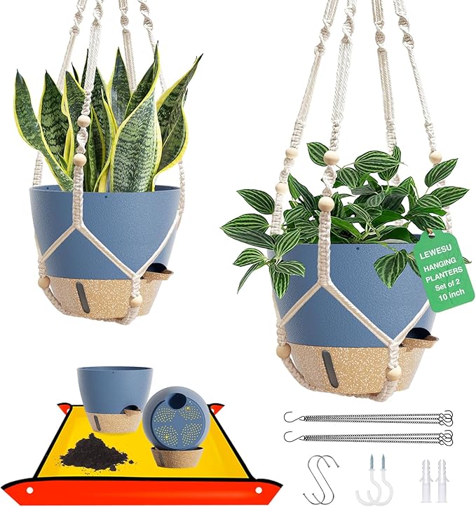 LEWESU Set of 2 Hanging Planters for Indoor Plants with Self Watering Includes Hanging Pots and 2 Types Plant Hangers, Outdoor Hanging Baskets Holder for Home Garden, 10 Inch Aegean Blue