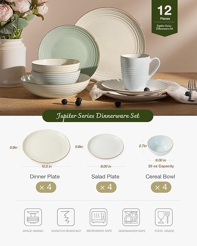 Famiware Jupiter 12-Piece Stoneware Dinnerware Set for 4, Handcrafted Plates and Bowls with Speckles & Embossed Swirls, Chip/Scratch Resistant, Microwave/Dishwasher Safe, Modern Dishes, Multi-color