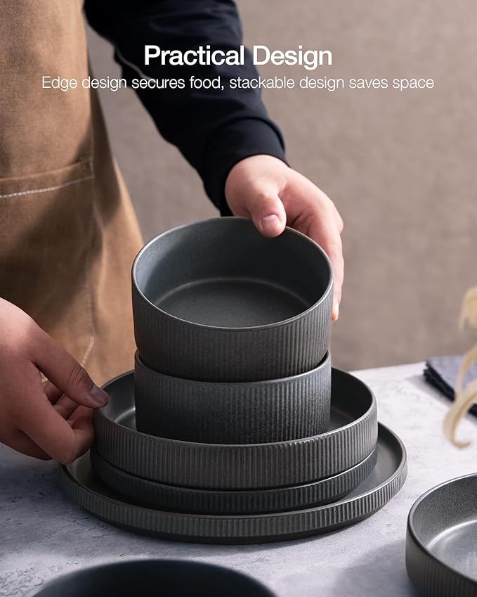 Famiware Star Dinnerware Set with Pasta Bowls, Service for 6 (24 Pieces), Ribbed Stoneware Plates and Double Bowls Sets - Chip & Scratch Resistant, Microwave & Dishwasher Safe, Matte Dark Charcoal
