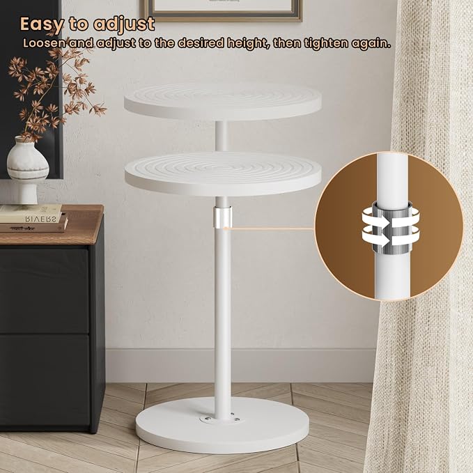 Asgolion Round Side Table, Small Drink Table for Small Spaces, Adjustable-Height Pedestal Martini Table, Weighted Base Cocktail Stand for Living Room, Bedroom, Bathroom, Nursery, Office, White