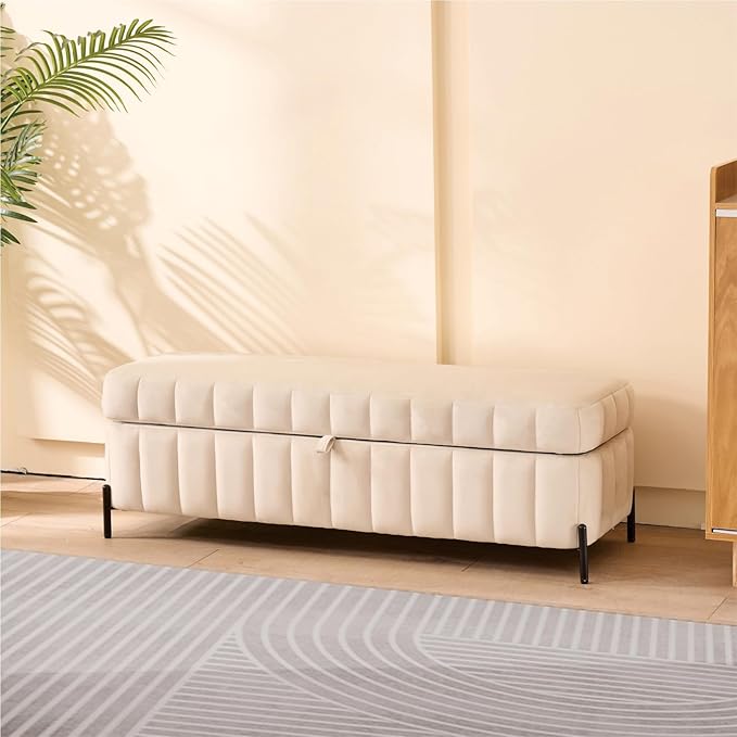 Chifee & Vingol 49.21" Storage Ottoman Bench Modern End of Bed Bench with Metal Legs Upholstered Velvet Entryway Benches with Storage for Bedroom Living Room Closet,Beige