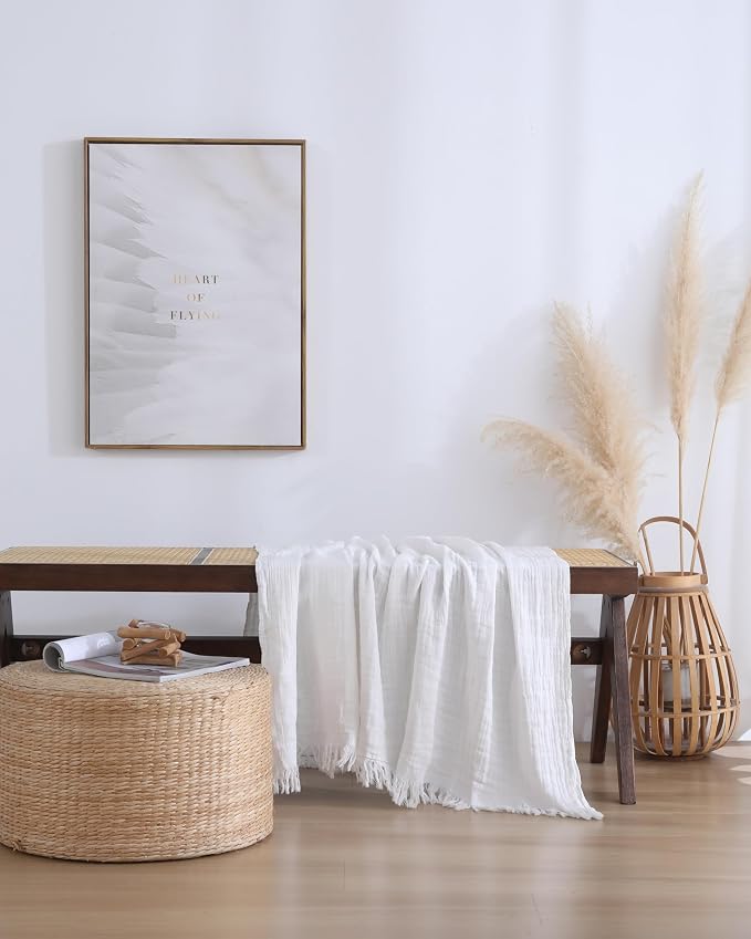 100% Cotton Muslin Throw Blanket for Bed, Couch, Small, Decorative, Soft, Pre-Washed, Breathable and Lightweight Gauze Blanket with Tassels(Off-White, 50"x60")