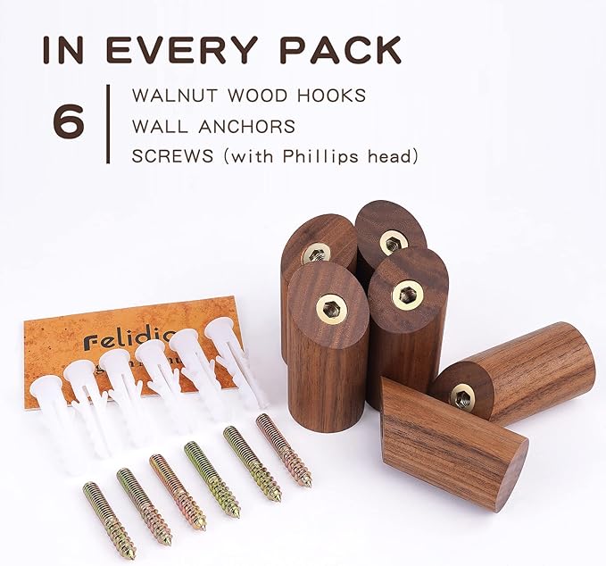 Felidio Wood Wall Hooks, 6 Pack Natural Wooden Coat Hooks Wall-Mounted, Rustic Heavy Duty Hook for Hanging Towels Coats Plants, Entryway Hat Hanger Wall Coat Rack (Walnut Wood)