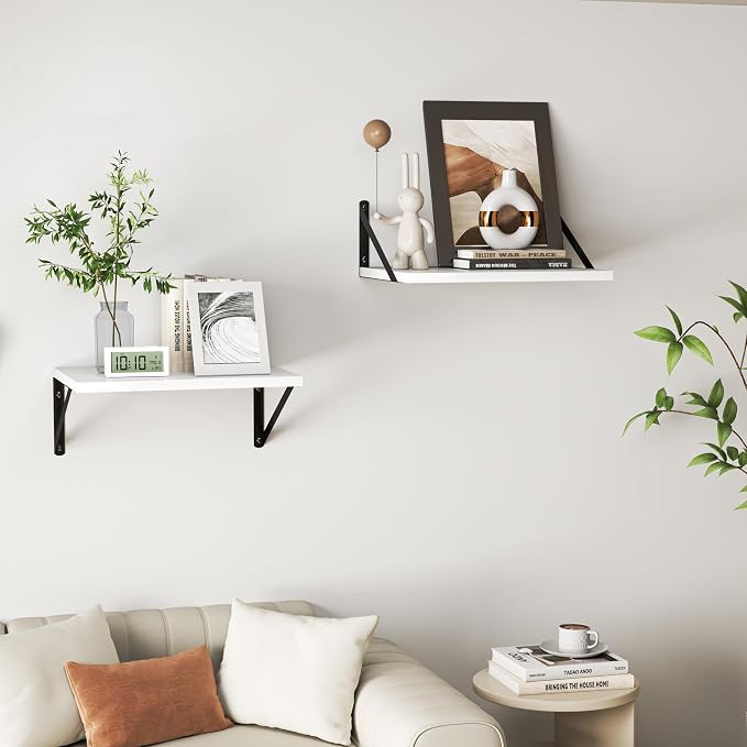 Heimlove White Deep Floating Shelves for Wall, 20W x 12D Wood Wall Shelves Set of 2, Wide Floating Bookshelf for Living Room, Kitchen, Office, Bedroom and Decor Storage, with Black Bracket - White
