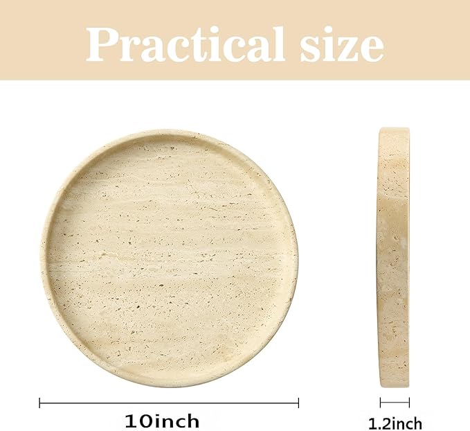 Natural Travertine Vanity Tray – Round Beige Marble Tray for Bathroom, Jewelry, Candle, Perfume, Nightstand & Kitchen Decor, 10 Inch Wabi-sabi Style Decorative Stone Catchall Organizer