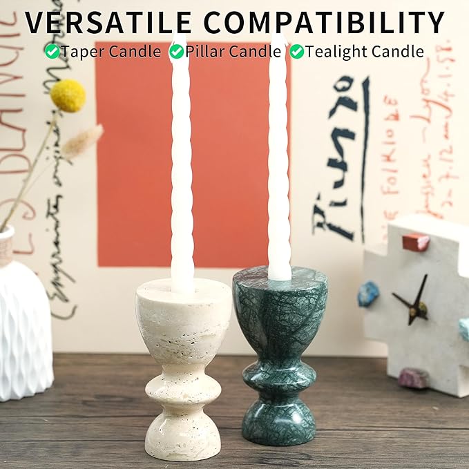 Travertine Marble Candlestick Holders - Stone Candle Sticks Holder Decor, Decorative Modern Candle Stands Multi-Purpose for Taper/Pillar/Tealight/Scented Candles