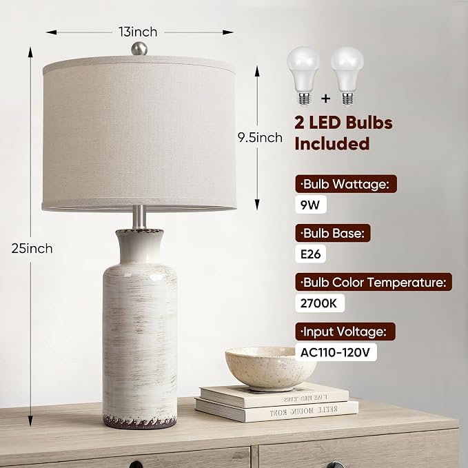 QiMH 25" Modern Lamps for Living Room, Unique Flowing Glazes Ceramic Table Lamp Set of 2 with Linen Lampshade, Beige Rustic Farmhouse Beside Lamps for Bedroom Nightstand Home Decor(Bulb Included)