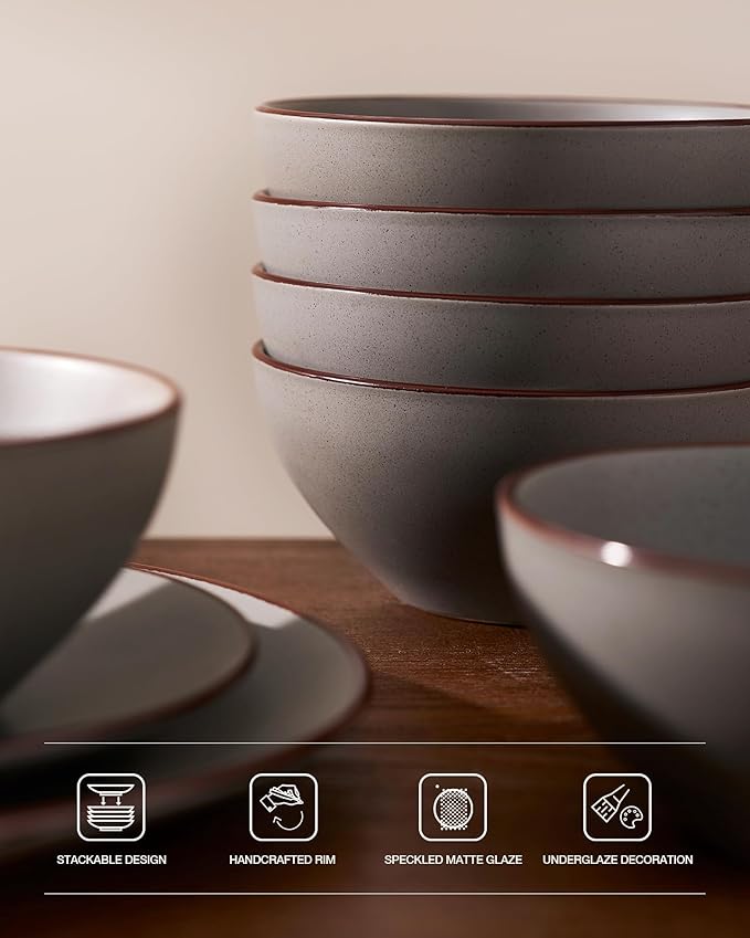 Famiware Venus Speckled Dinnerware Set, 24-Piece Stoneware Dishes for 6, Matte Dark Gray - Includes Pasta Bowls & Dinner Plates for Everyday Meals or Formal Dining, Microwave & Dishwasher Safe
