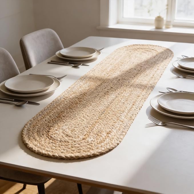 CRAFT TRADE Jute Braided Table Runner for Wedding Parties Farmhouse Rustic Vintage Dining Woven Handmade Sisal Weeker Natural Dining Runner - 13x36 Inch, Oval
