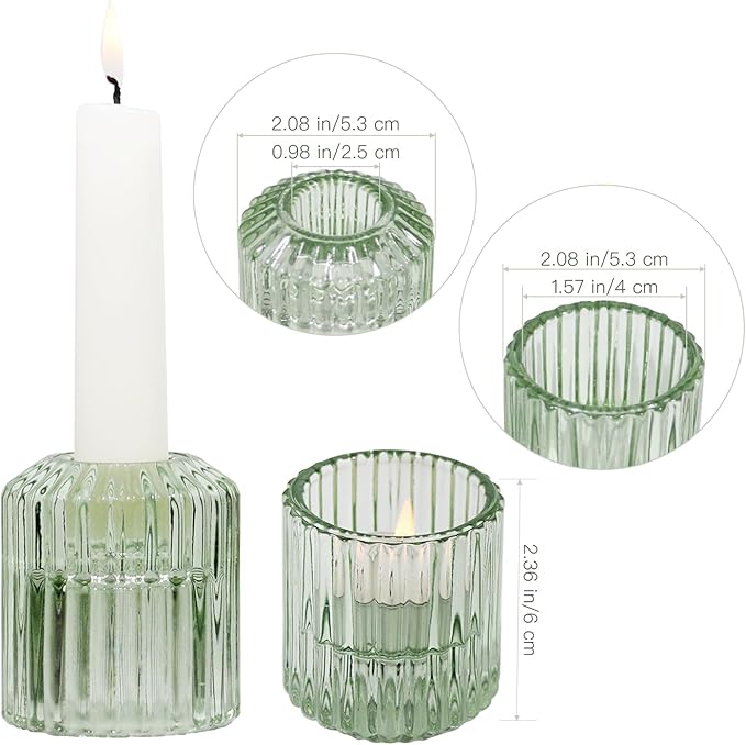 Reversible Green Glass Candle Holder Set of 3, Thick Heat-Resistant Glass Candlestick Holders for Taper, Tealight, Votive, LED Candles, Perfect for Wedding, Party, Home Décor