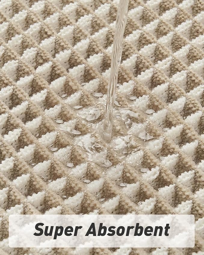 Upgraded Waffle Bath Mat Set of 2 Super Absorbent Non Slip Bath Mats for Bathroom, Washable Boho Bathroom Rugs Set 2 Pieces with Tassels, Soft Bathroom Mat Set, Brown & Cream, 17" x 24" Plus 17" x 48"