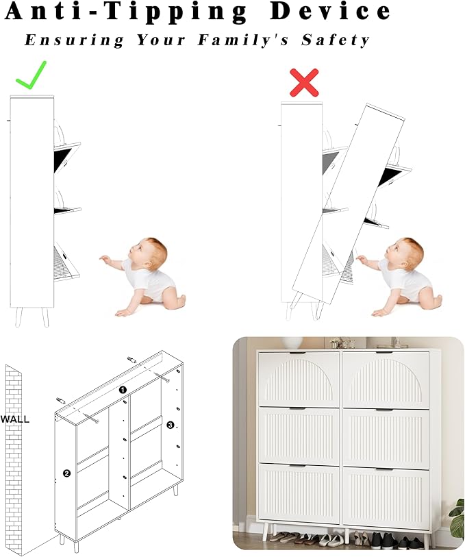 Shoe Storage Cabinet with 6 Flip Drawers, Narrow Wood Shoe Organizer Cabinet with Fluted Panel, Slim Shoe Rack for Entryway, Freestanding Shoe Cabinet for Living Room, Hallway, White