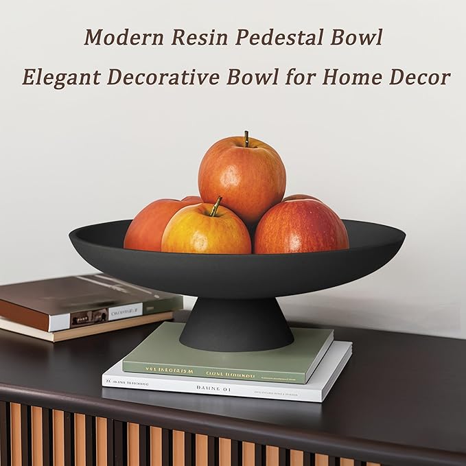 YMXYJM Modern Resin Pedestal Decorative Bowl, Large Fruit Bowl for Kitchen Counter, Stylish Key Bowl for Entryway Table, Matte Black