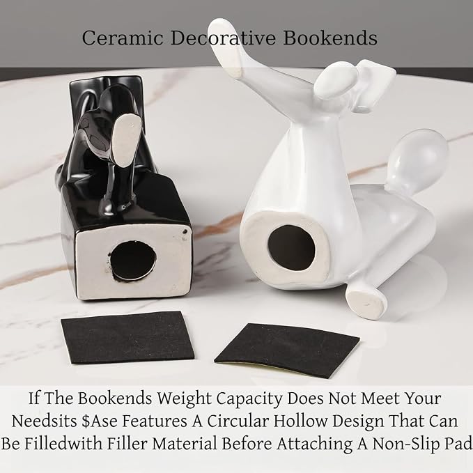 Ceramic Decorative Black and White Bookends Set of 2, Sturdy Stable Non-Slip for Books, Modern Abstract Sculptural Book Ends, Geometric Human Face Aesthetic Shelf Decor for Home Office Library
