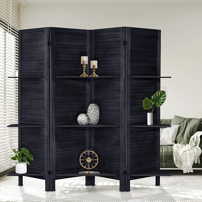 Room Divider with Shelves, Privacy Screen, Room Dividers and Folding Privacy Screens, 4 Panel Wood Temporary Wall Partition Separation Separator, Black
