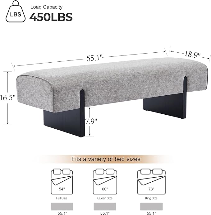 ONEVOG 55" End of Bed Bench with Upholstered Cushion & Natural Solid Wood Legs, Modern Long Ottoman Seat Foot Stool for Bedroom/Entryway/Living Room/Hallway, Support 450lbs, Linen Fabric, Light Grey