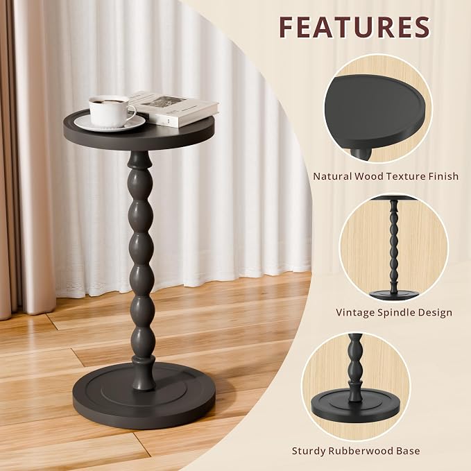 Small Side Table, Rubberwood‌ Drink Table for Small Spaces, Solid Wood Pedestal Coffee Tables, Round End Tables for Living Room, Sofa Couch, Bedroom, Corners, and Office (Black, 11.81 inch)