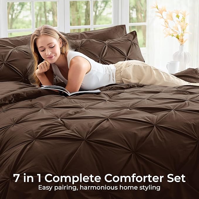 Sasttie Twin XL Comforter Set, 5-Piece Bed in a Bag, Pintuck Bedding Sets for All Season, Includes Comforter, Flat Sheet, Fitted Sheet, Pillowcase and Pillowsham, Dark Brown