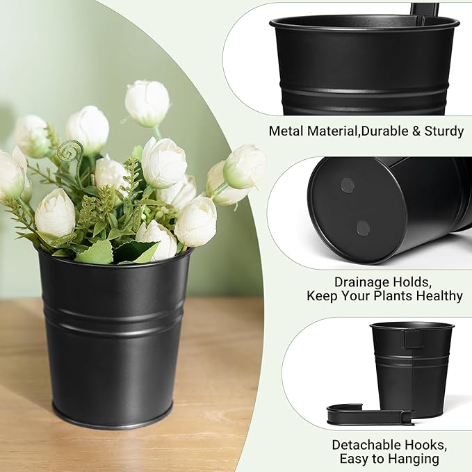 Dahey 10 Pcs 3.8 Inches Small Hanging Flower Pots Metal Iron Bucket Planter for Railing Fence Balcony Garden Home Decoration Flower Holders with Detachable Hooks, Black