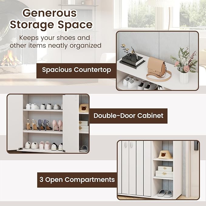 Giantex Wood Shoe Cabinet with Doors, Freestanding Shoe Rack Cabinet with 3-Level Adjustable Open Shelves, Modern Wooden Shoe Storage Cabinet for Entryway, Hallway, Closet, Living Room (White)