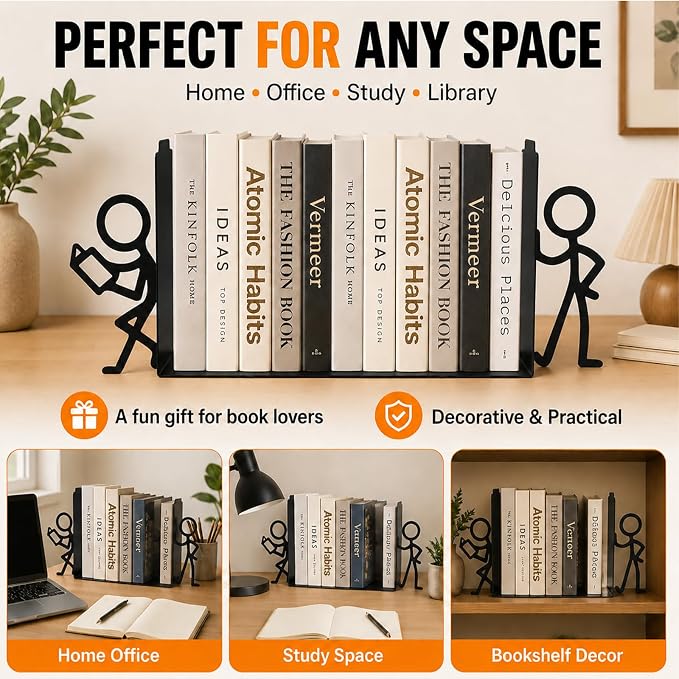 Metal Bookends for Bookshelf, Desk, Home & Office, Decorative Stick Figure Book Holder, Space-Saving, Sturdy, Non-Slip Pads, Supports More Books, Lightweight 6.7"x5.9"x1.4"