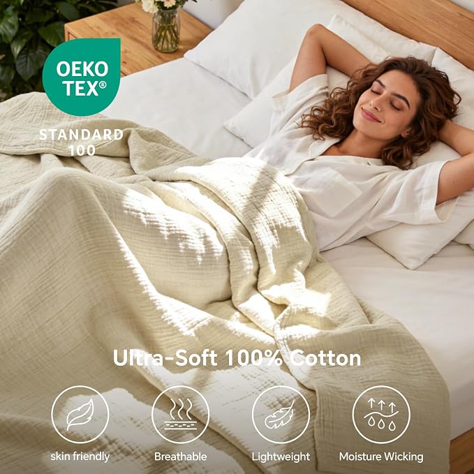 BEDELITE 100% Cotton Muslin Blankets for Adults - 4-Layer Large Throw Breathable and Lightweight Gauze Blanket for Couch, Bed, Travel and Summer, Soft & Cozy Gift for Women, Beige, 50"x70"