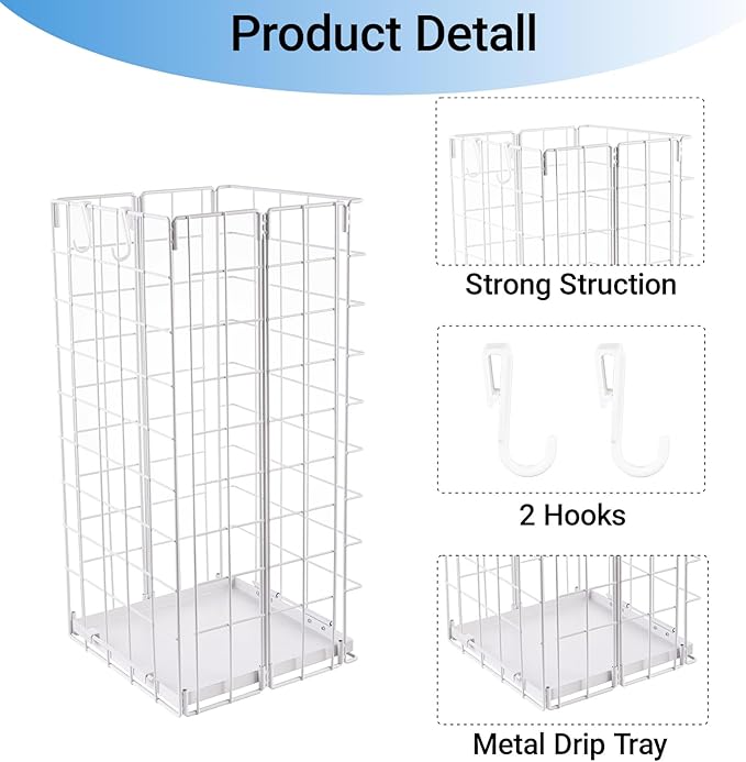 Umbrella Stand, Umbrella Holder for Entryway, Large Metal Foldable Umbrella Rack Organizer Freestanding, with Water Tray and Hooks, Rectangular Hollow Rack 9.5 x 9.5 x 19.7 Inches (White)