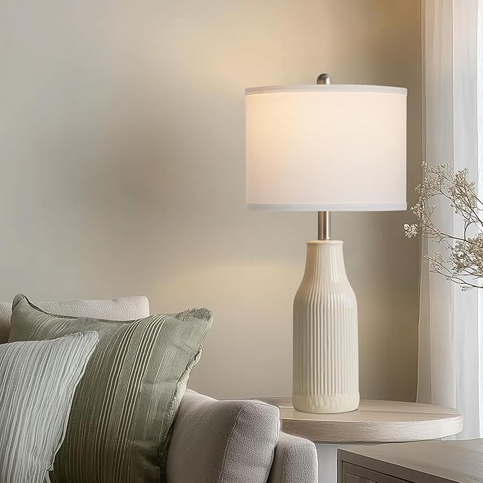 24.5" Ceramic Table Lamps Set of 2, Modern Farmhouse Bedside Lamps for Bedroom Nightstand, Small Table Lamp for Living Room End Table, Beige (2 LED Bulbs Included)