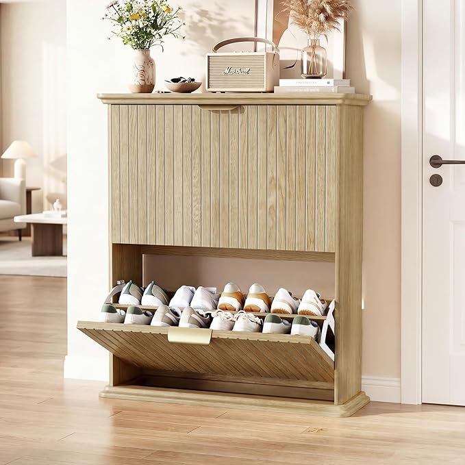 Natural Wood Slim Shoe Storage Cabinet with Fluted Doors,31.5" Modern Hidden Shoe Rack with 2 Flip Drawers,Rounded Corners,Wall-Mounted Narrow Shoe Organizer